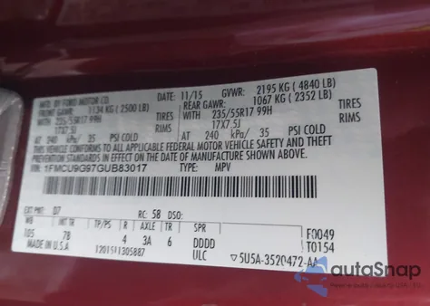 2016 Ford Escape Se z USA, uszkodzony, nr VIN 1FMCU9G97GUB83017